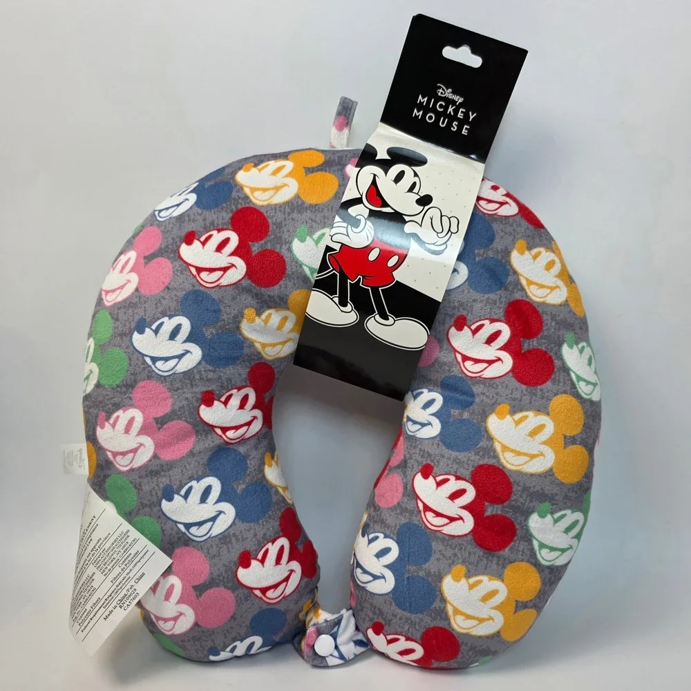 Disney Mickey Mouse Travel Neck Pillow Gray Multi Color Snap Closure New NWT